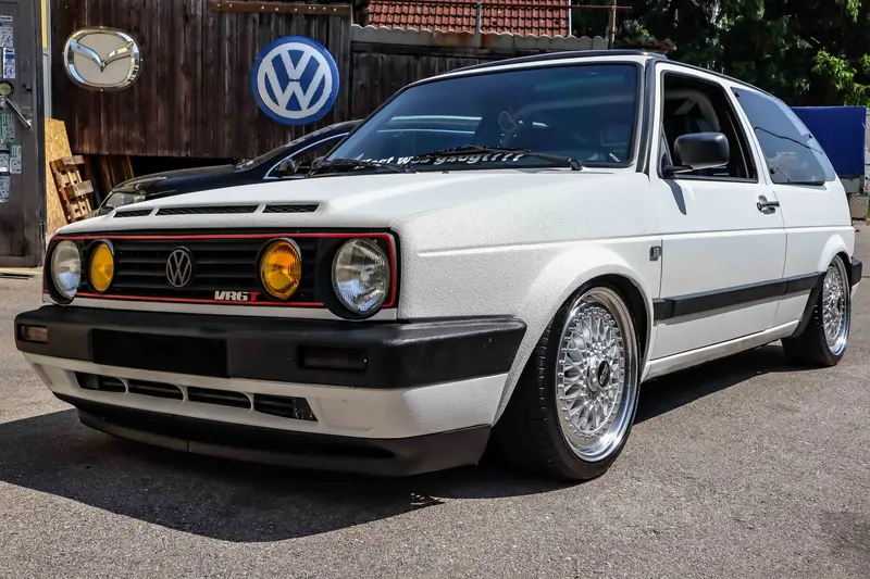 Volkswagen Golf II Rabbit LX VR6 Turbo conversion many modifications air suspension Raptor paint Recaro leather seats BBS sunroof (1992)